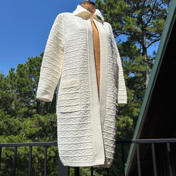Vintage 60s Scalloped Collar Chunky Knit Long Cardigan Duster Sweater Robe M L - Picture 2 of 8